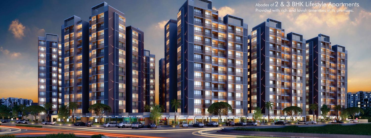 Serenity Space — lifestyle apartments at dusk, Gota, Ahmedabad